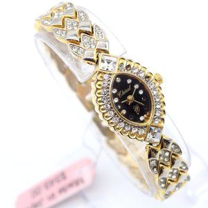 Vintage CHIRAL Watch Womens Gold Tone Stainless Steel Rhinestones Black Dial